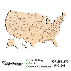 May include: A wooden map of the United States, with each state outlined and labeled. The map is made of light-colored wood. The image also includes the text "MylesPerHour Design" and mentions laser cutting, Cricut, and other CNC machines.