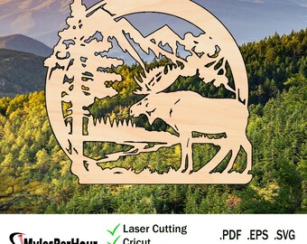 Szenische Elche und Berge - Dateien für CNC-, Laser-, Vinyl-Maschinen und mehr