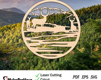 Szenische Hirsch und Berge - Dateien für CNC-, Laser-, Vinyl-Maschinen und mehr