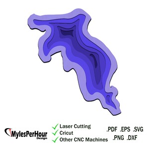 May include: A layered, abstract design in shades of purple and blue, resembling a topographical map or a stylized lake. The image includes the text "MylesPerHour Design" and indicates compatibility with laser cutting, Cricut, and other CNC machines, with file formats listed.
