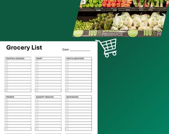 Lista de compras | Lista de compras de alimentos | Modelo de planejador 8,5" x 11" | Planejador de lista de mercado para impressão | Download instantâneo em PDF | A4 e US Letter