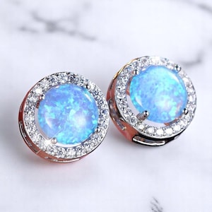 Blue Opal Stud Earrings – Silver Crystal Studs – Dainty Wedding Jewelry – White Opal Gift for Her – Minimalist Bridal Earrings