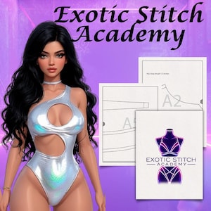 Può includere: Illustrazione digitale di una donna in costume da bagno argentato con ritagli. L'immagine include il testo "Exotic Stitch Academy" e diagrammi di cucito. È presente anche un logo con un design di lingerie.