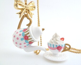 Tea Party Necklace Princess Teapot with gold bow necklace Pendant alice in wonderland white polka dot tea pot unique gifts birthday girls