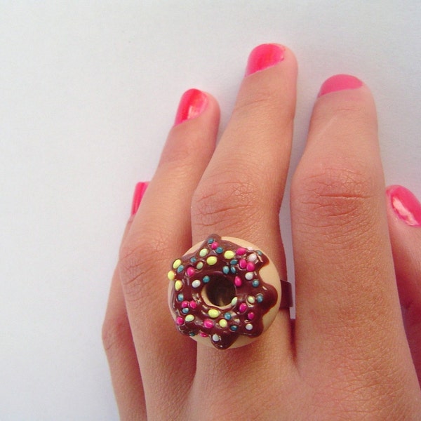 Donuts Ring - Candy Land Ring miniature Polymer Clay doughnut with hot chocolate and sprinkles adjustable ring  great for theme party