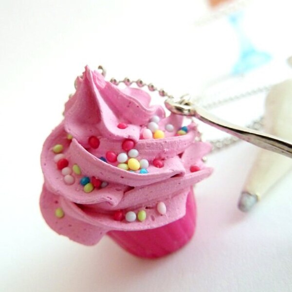 Cupcake necklace and small spoon Charm fake cupcake alice in wonderland ,unique baker gift pink frosting  ,gift for birthday girl party