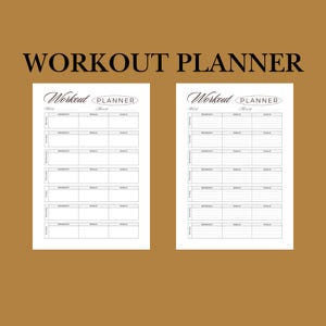 Könnte beinhalten: Druckbarer Trainingsplaner mit zwei Seiten, jede mit einem Wochenplan für Training, Mahlzeiten und Ziele. Die Seiten sind mit "Workout Planner" und einem schwarz-weißen Design beschriftet.