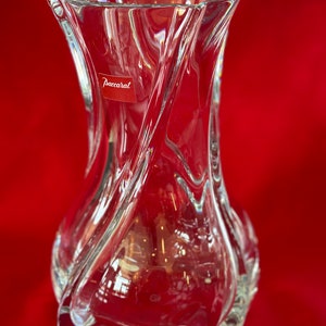 Vintage Baccarat Clear Crystal Serpentine Swirl Vase - 10" Tall - Original Baccarat Sticker - Double-Signed - Original Red Baccarat Box.