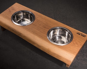 Handmade Oak Double Pet Feeder with Stainless Steel Bowls