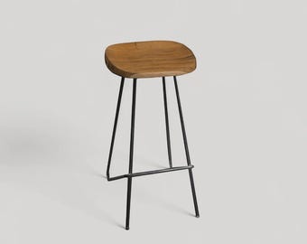 Handmade Solid Wood Bar Stool – Industrial Metal Counter Chair