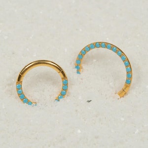 16G Turquoise Stones Clicker Hoop Septum Ring Titanium Nose Ring Septum Piercing Cartilage Gold Silver Daith Hoop Helix Hoop Hinged S20-29