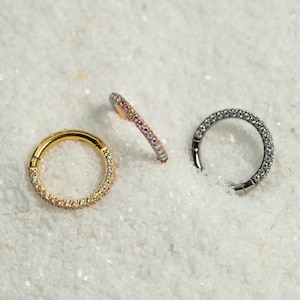 16G Triple Paved Clicker Hoop Thin Nose Ring 3 Sided Nose Hoop Gold Silver Titanium Hinged Cartilage Septum Piercing Helix Conch S28-2