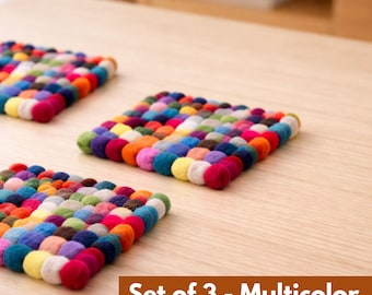 Set of 3 Multicolor Wool Ball Trivets – Handmade Felt Hot Pads, Eco-Friendly Kitchen Decor