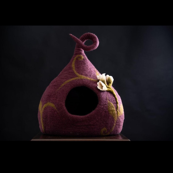 Purple Floral Felt Cat Cave – Wool Pet Bed House, Cozy Artisan Made in Nepal