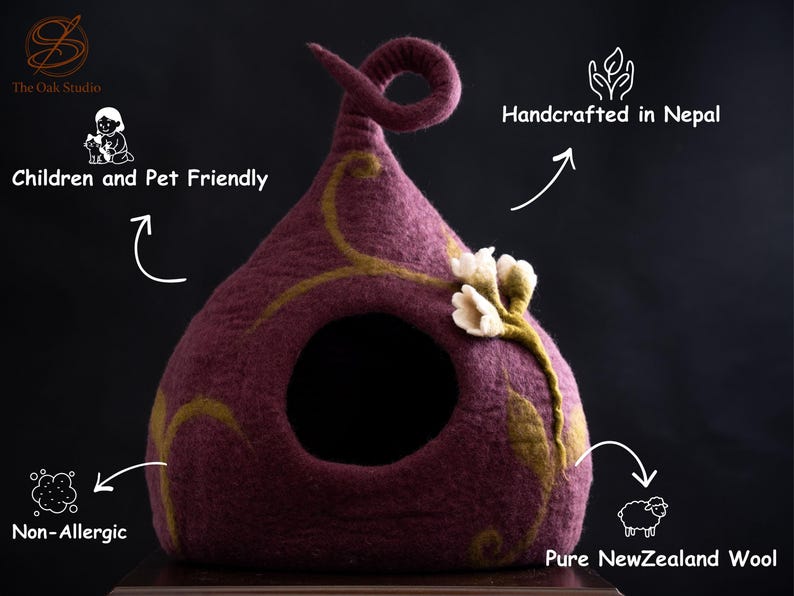 Grotte pour chat en feutre floral violet - Lit pour animal de compagnie en laine, confortable artisanal fabriqué au Népal image 4