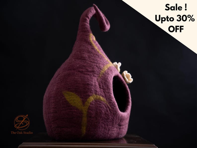 purple felt catcave on table, handmade woolen cat house, perfect pet house