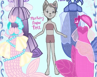 Merkitty Paper doll - cat paper doll - mermaid paper doll - homeschool - montessori -hand drawn - paperdoll - paperdolls