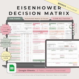 May include: A digital download of a Google Sheets template for an Eisenhower Decision Matrix. The template has three tabs: Task Tracker, Automated Matrix & Visuals, and Calendar View. The template is designed to help users prioritize tasks and manage their time effectively. The template is color-coded in pink and green.