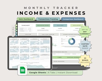 Income & Expense Tracker Google Sheets Green Blue, Monthly Paycheck Biweekly Finance Spreadsheet Template, Digital Income Spending Tracker