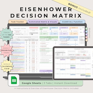 Peut inclure: Un modèle de feuille de calcul Google Sheets pour une matrice de décision d'Eisenhower. Le modèle comporte trois onglets : Suivi des tâches, Matrice et visuels automatisés et Vue du calendrier. Le modèle est conçu pour aider les utilisateurs à prioriser les tâches et à gérer leur temps efficacement. Le modèle est disponible en téléchargement instantané.
