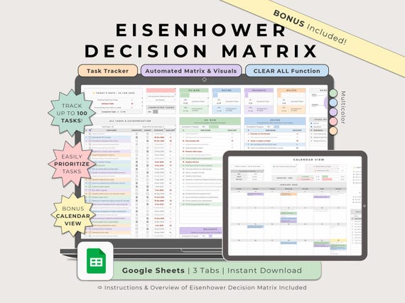 Eisenhower Decision Matrix Google Sheets Multicolor, To Do Task Tracker Manager Spreadsheet, Smart Calendar, Digital Priority List Template