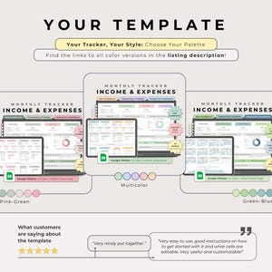 Multicolor, Pink-Green and Green-Blue tracker covers with listing-link guidance, above two 5-star customer quotes.