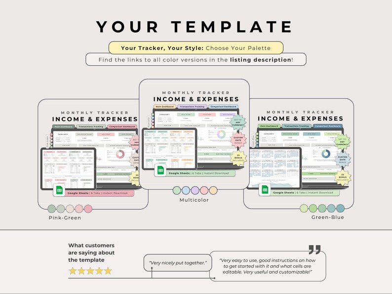 Multicolor, Pink-Green and Green-Blue tracker covers with listing-link guidance, above two 5-star customer quotes.