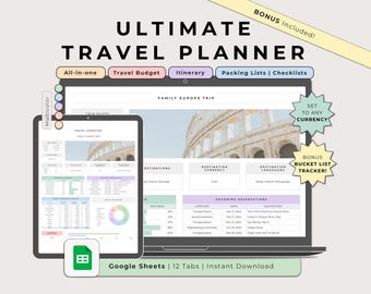 Ultimate Travel Planner Google Sheets Multicolor, Trip Budget Expenses Tracker, Holiday Itinerary Spreadsheet Planner, Digital Packing List