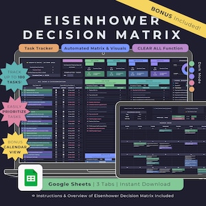 Peut inclure: Un modèle de feuille de calcul numérique pour la matrice de décision d'Eisenhower, affiché sur l'écran d'un ordinateur portable. Le modèle est dans Google Sheets et comporte trois onglets : Suivi des tâches, Matrice et visuels automatisés et Vue du calendrier. Le modèle est conçu pour aider les utilisateurs à prioriser les tâches et à gérer leur temps efficacement.
