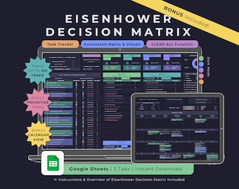 Eisenhower Decision Matrix Google Sheets Dark Mode, To Do Task Tracker Manager Spreadsheet, Smart Calendar, Digital Priority List Template