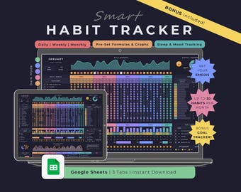 Habit Tracker Google Sheets Dark Mode, Daily Week Monthly Routine Productivity Planner Spreadsheet Template, Goal Setting Task To Do List
