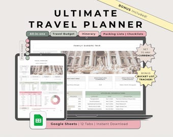 Ultimate Travel Planner Google Sheets Pink Green, Vacation Budget Tracker, Travel Itinerary Spreadsheet, Packing List, Digital Trip Planner