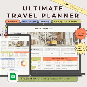 May include: A digital planner for travel planning in Google Sheets. The planner includes tabs for trip dates, travel overview, estimations, destination currency, destination languages, upcoming reservations, packing lists, and checklists. The planner is designed with a retro vibe and features a yellow tram in the background.