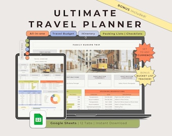 Ultimate Travel Planner Google Sheets Retro Vibes, Trip Budget Expenses Tracker, Holiday Itinerary Spreadsheet Planner, Digital Packing List