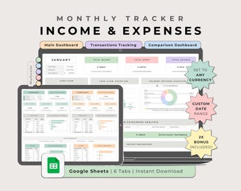 Income & Expense Tracker Google Sheets Multicolor, Monthly Paycheck Biweekly Weekly Template, Digital Financial Organizer Spreadsheet