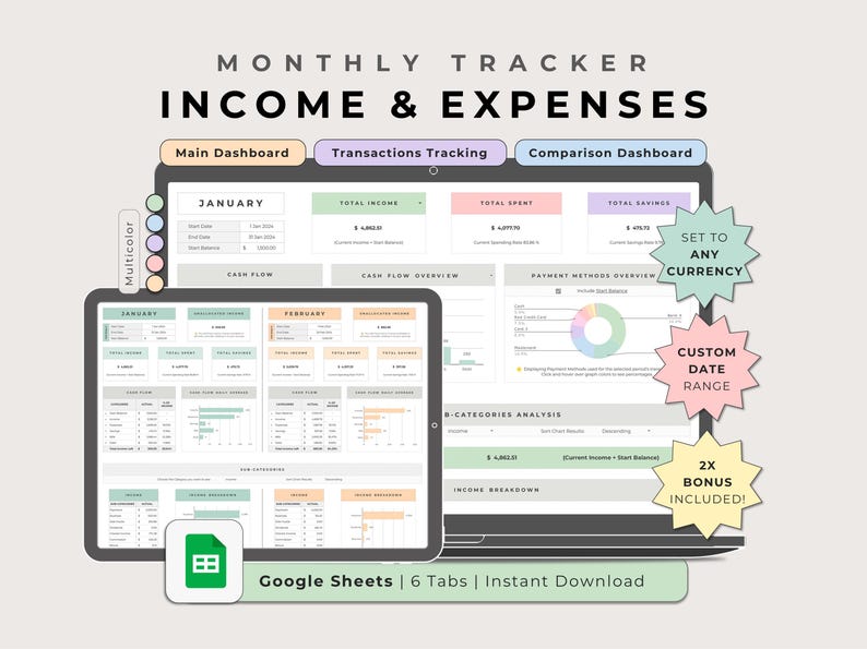 Income and expenses dashboard on a laptop and comparison dashboard on a tablet, two-bonus badge, Multicolor.
