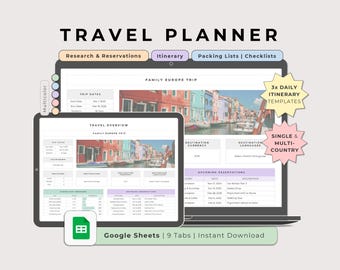 Travel Planner Spreadsheet Multicolor Template, Google Sheets Trip Organizer, Packing List, Holiday Itinerary, Digital Travel Dashboard