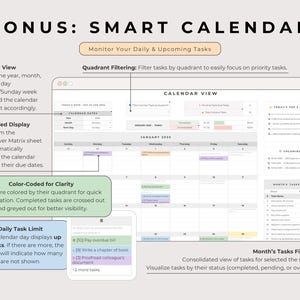 Smart calendar bonus tab with dynamic task overview by day and month. Includes Eisenhower Matrix quadrant color-coding, automatic display of categorized tasks in a monthly calendar layout, and side panels for reminders, filters, and upcoming tasks.