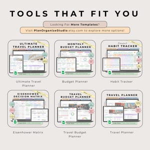 Six covers: Ultimate Travel Planner, Budget Planner, Habit Tracker, Eisenhower Matrix, Travel Budget Planner and Travel Planner.
