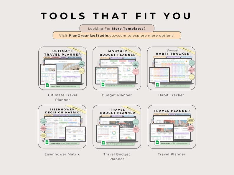 Six covers: Ultimate Travel Planner, Budget Planner, Habit Tracker, Eisenhower Matrix, Travel Budget Planner and Travel Planner.