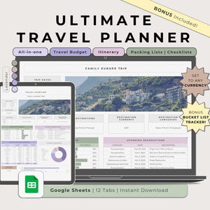 May include: A digital planner for travel planning with 12 tabs, including a travel budget, itinerary, packing lists, and checklists. The planner is designed for a family trip to Europe and features a photo of a picturesque Italian village. The planner is available for instant download as a Google Sheet.