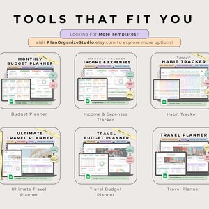 Grid of six digital planner templates, including Budget Planner, Income and Expenses Tracker, Habit Tracker, Ultimate Travel Planner, Travel Budget Planner and Travel Planner. Laptops and tablets preview each template, all styled in the same multicolor palette. Promotes exploring more templates that fit you from PlanOrganizeStudio Shop.