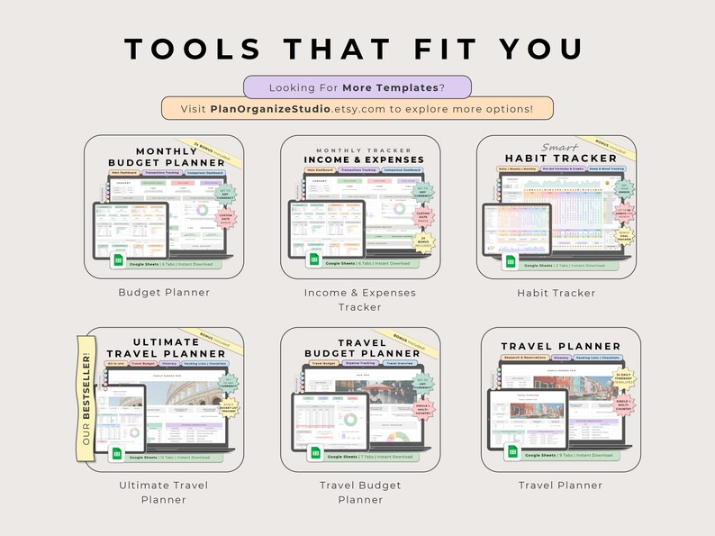 Grid of six digital planner templates, including Budget Planner, Income and Expenses Tracker, Habit Tracker, Ultimate Travel Planner, Travel Budget Planner and Travel Planner. Laptops and tablets preview each template, all styled in the same multicolor palette. Promotes exploring more templates that fit you from PlanOrganizeStudio Shop.