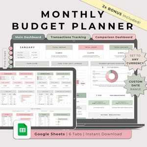 May include: A laptop computer displaying a Google Sheets spreadsheet with a monthly budget planner. The spreadsheet has tabs for January, February, and other months. The spreadsheet is designed to track income, expenses, and savings. The spreadsheet is in a pink and green colour scheme. The text on the screen reads "MONTHLY BUDGET PLANNER", "Main Dashboard", "Transactions Tracking", "Comparison Dashboard", "JANUARY", "CASH FLOW", "SET TO ANY CURRENCY", "CUSTOM DATE RANGE", and "Google Sheets | 6 Tabs | Instant Download".