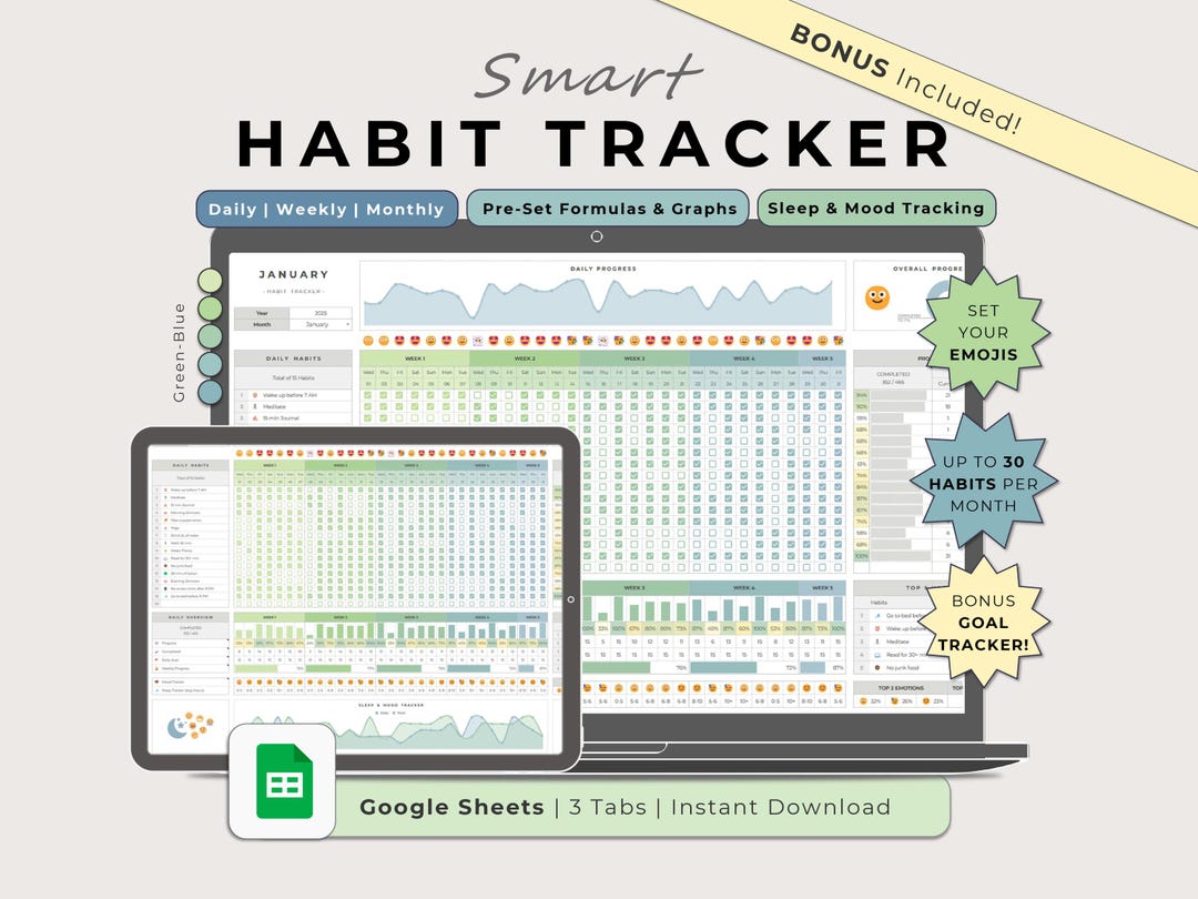 Habit Tracker Google Sheets Green Blue Template, Digital Daily Weekly ...