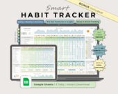 Habit Tracker Google Sheets Green Blue Template, Digital Daily Weekly Monthly Productivity Routine Spreadsheet Planner, Goal Task Tracker