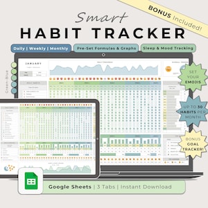 May include: A digital image of a Google Sheets spreadsheet with a green, blue, and yellow colour scheme. The spreadsheet is a habit tracker with a calendar view, graphs, and a section for setting emojis. The text "Smart Habit Tracker" is at the top of the image. The text "Google Sheets | 3 Tabs | Instant Download" is at the bottom of the image.