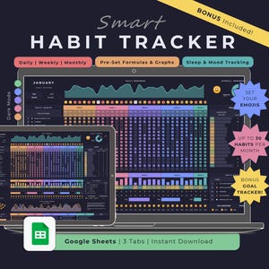Może przedstawiać: Cyfrowy tracker nawyków wyświetlany na laptopie i tablecie. Ekran pokazuje kolorowy arkusz kalkulacyjny z sekcjami do śledzenia dziennego, tygodniowego i miesięcznego, a także śledzenia snu i nastroju. Tekst zawiera "Smart Habit Tracker" i "Google Sheets".