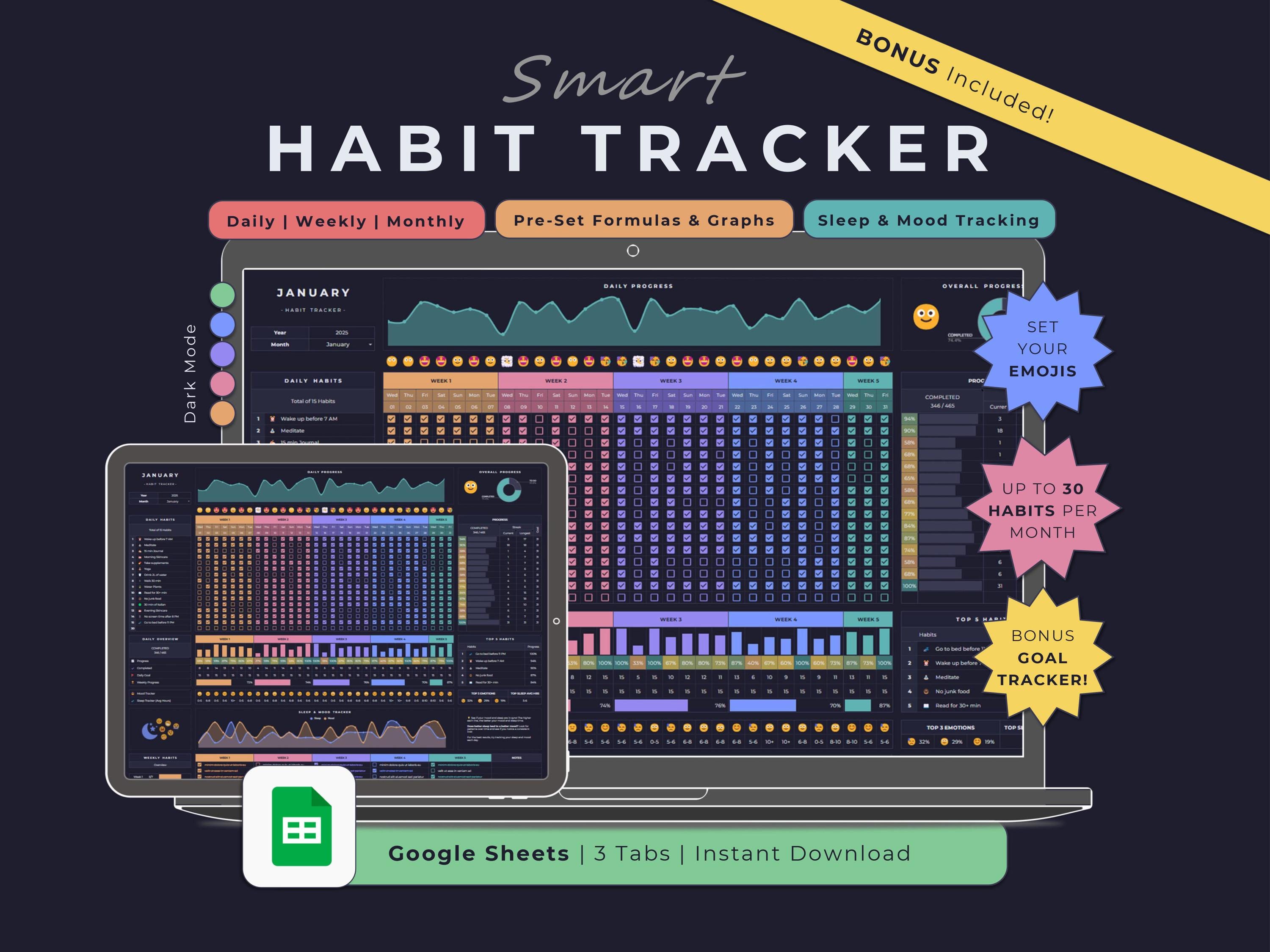 Habit Tracker Google Sheets Dark Mode, Daily Week Monthly Routine ...