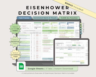 Eisenhower Decision Matrix Google Sheets: Green Blue Task Tracker & Smart Calendar Template (Digital Download)